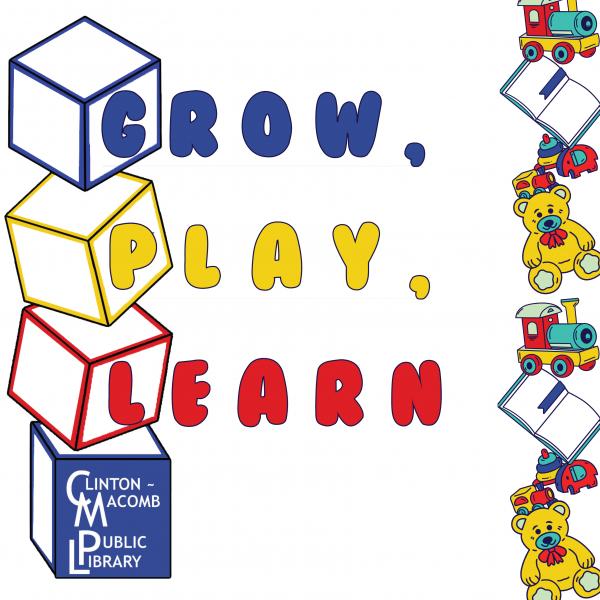 Grow, Play, Learn white advertisement banner featuring  the Grow, Play, Learn logo on playing blocks, toy graphics, and program information. 