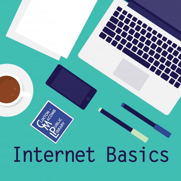 Internet Basics teal adertisement banner featuring program info, a laptop, coffee, pens, paper, and a smartphone. 