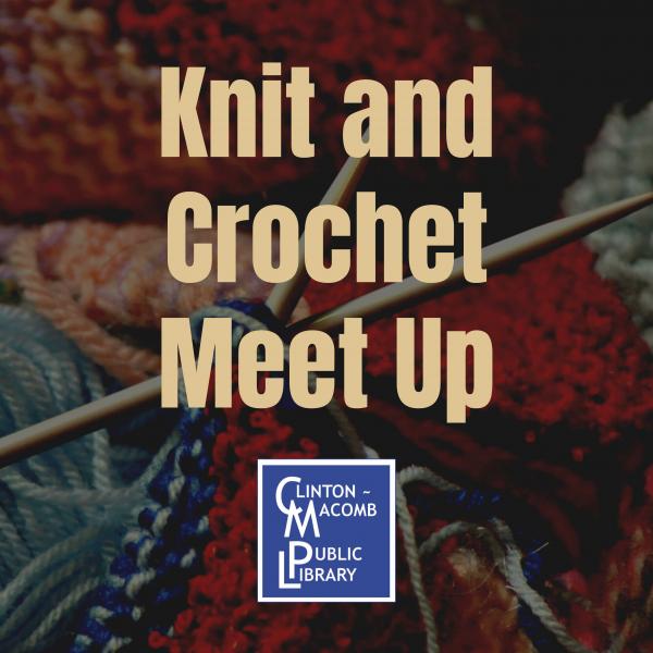 Knit and Crochet Meet Up ad with knitting needles and yarn.