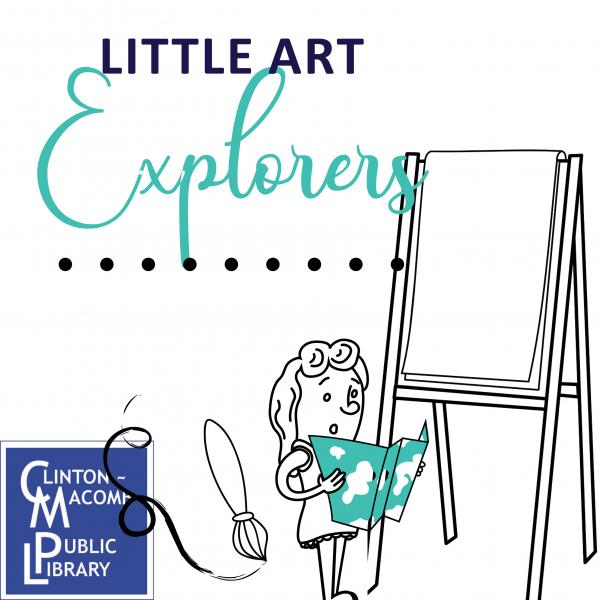 Little Art Explorers banner advertisement with a girl holding a map next to a canvas easel and a paint brush, with program information. 