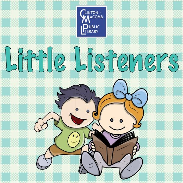 Little Listeners with two cartoon children reading a book on a checkered background with the words Little Listeners and the CMPL logo.