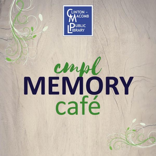CMPL Memory Cafe text with wooden background and green and white filigree on edges