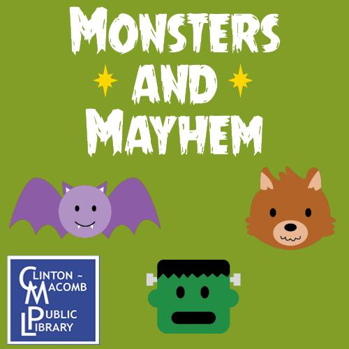bat, frankenstein and wolf man with text that says monsters and mayhem