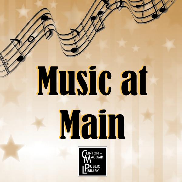 Image of gold starts with music note background and the words Music at Main and CMPL logo