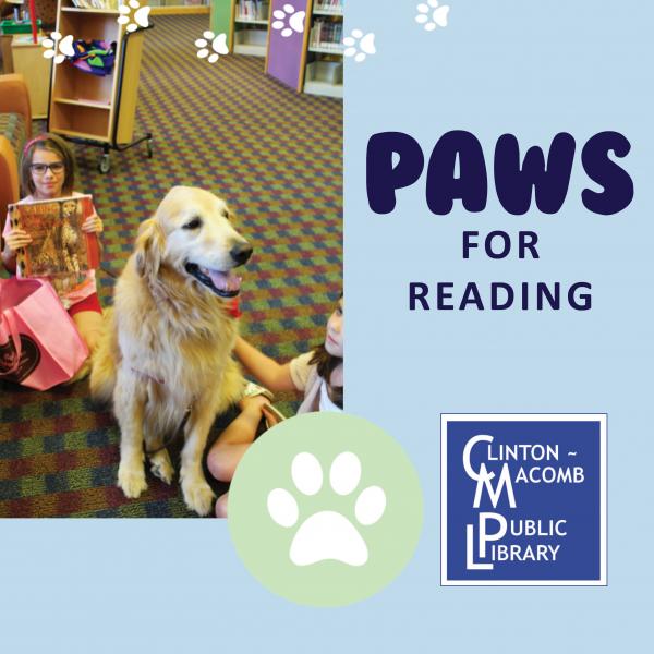 PAWS for Reading light blue banner advertisement featuring a picture of children reading to a golden retriever, pawprints, and program information. 