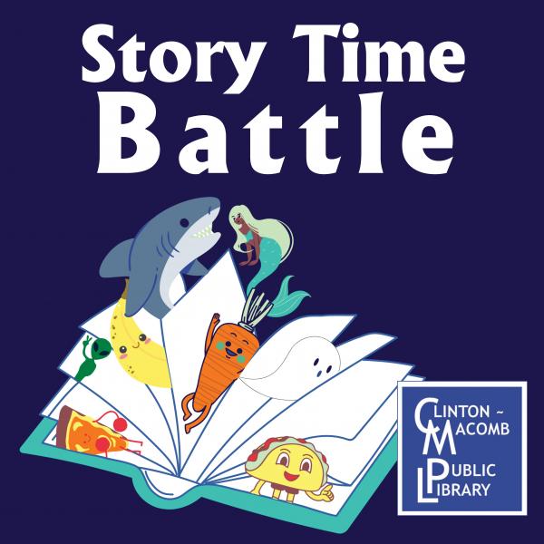 Story Time Battle midnight blue banner advertisement featuring a book with a shark, mermaid, banana, carrot, alien, ghost, pizza, and taco battling next to program information. 